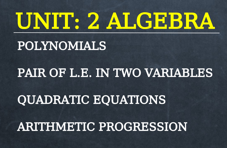 Unit 2 : Algebra (Polynomials, L.E. in two variables, Quadratic Eqns, Arithmetic Progression