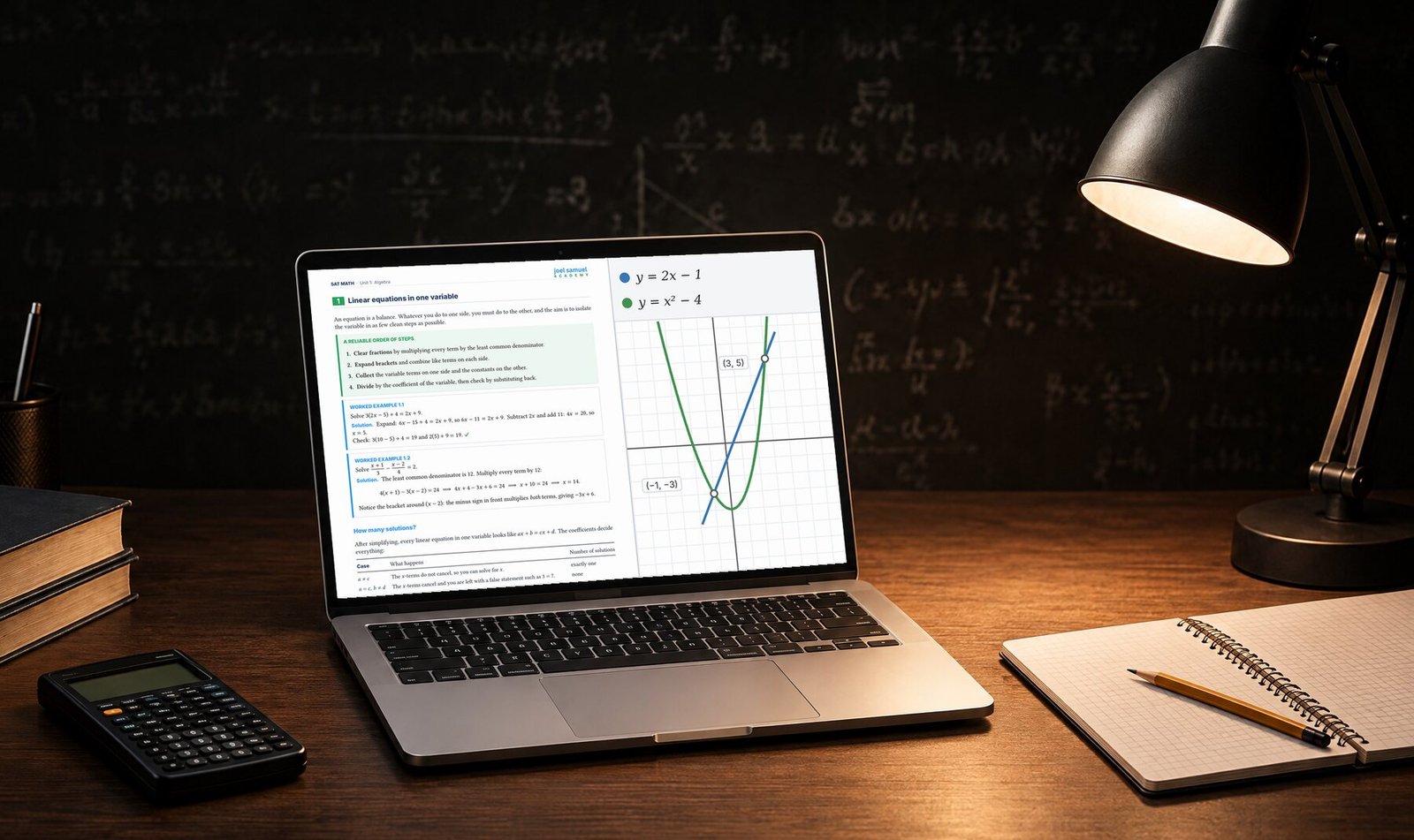 SAT Math notes and a graph on a laptop, on a study desk with a calculator and notebook