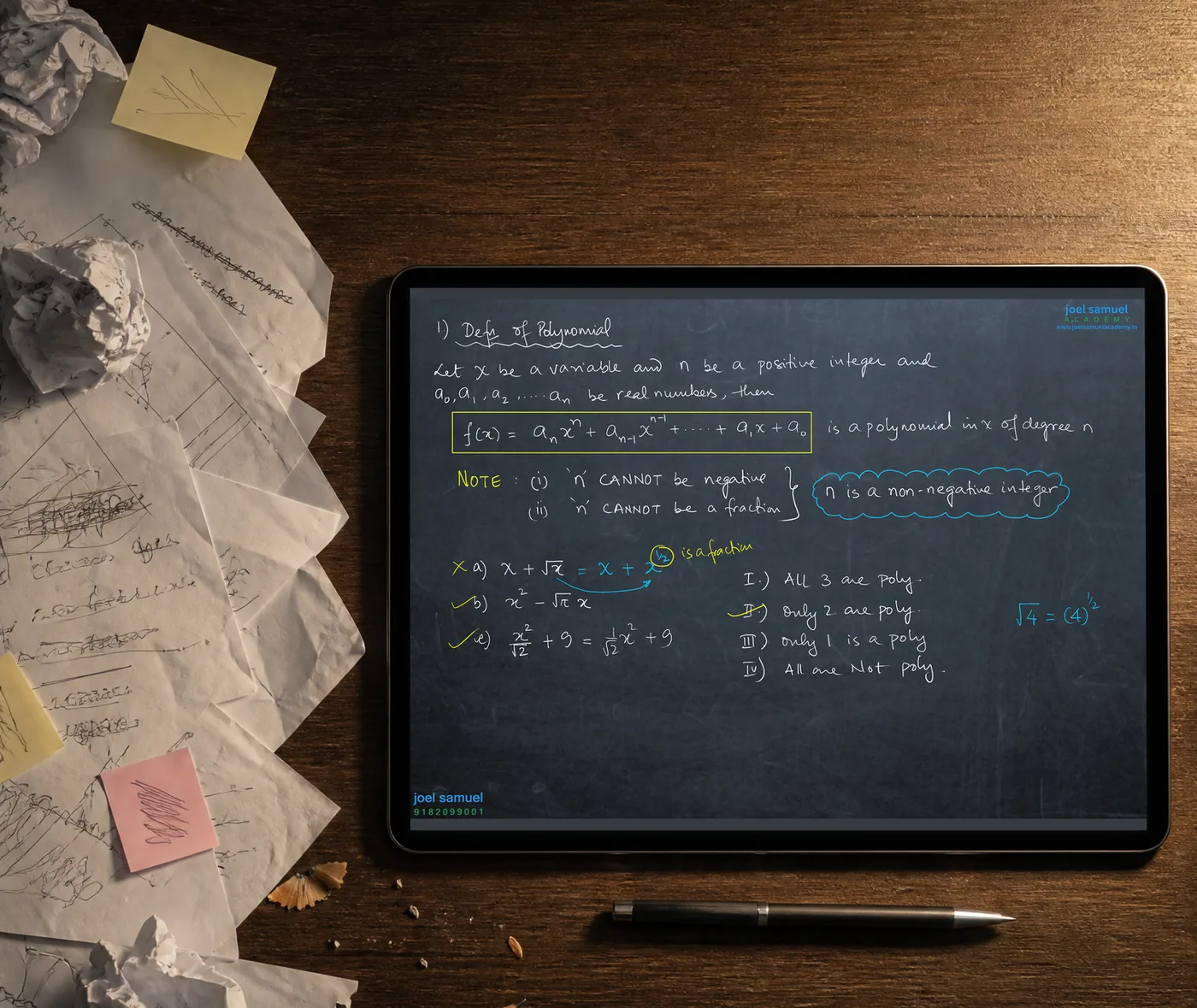 Loose, crumpled pages beside a tablet showing Joel Samuel’s neat handwritten notes